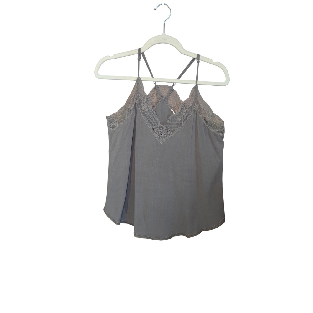 Lovestitch Womens Cami Tank Top M Grey Linen Blend‎ Lace Trim Boho Romantic